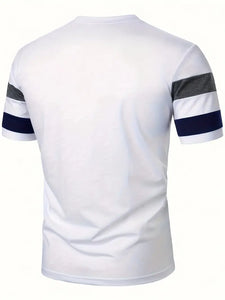 Men's Crew Neck Short Sleeve Stripe Pattern T-Shirt - Soft Slight Stretch Polyester Fabric, Casual Chic Top- L