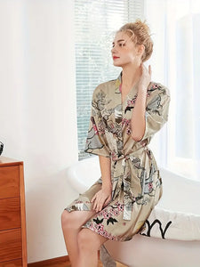 Vintage Cherry Blossom Nightdress - Flattering Half Sleeves, V-Neck, Adjustable Belt - Luxuriously Soft Women's Sleep Dress