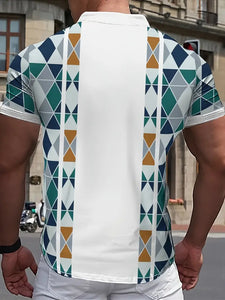 Short Sleeve Zip-Up Polo Shirt - Stylish Geometric Pattern Print, Regular Fit, Slight Stretch Polyester Fabric, Casual Wear for Men, Size: L