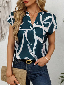 Graphic Print Notched Neck Blouse, Elegant Cap Sleeve Blouse For Women- Size: M