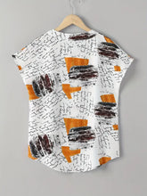 Load image into Gallery viewer, Chic Summer Alphabet Print Blouse: Casual Notched Neck, Easy-Care, Slight Stretch &amp; Unique Color Block Detail- M