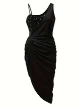 Load image into Gallery viewer, Sequined Ruched Asymmetrical Dress, Sexy Sleeveless Body Con Dress For Women- M