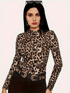 Leopard Print Crew Neck T-Shirt, Casual Long Sleeve Top For Women - In 2 Sizes