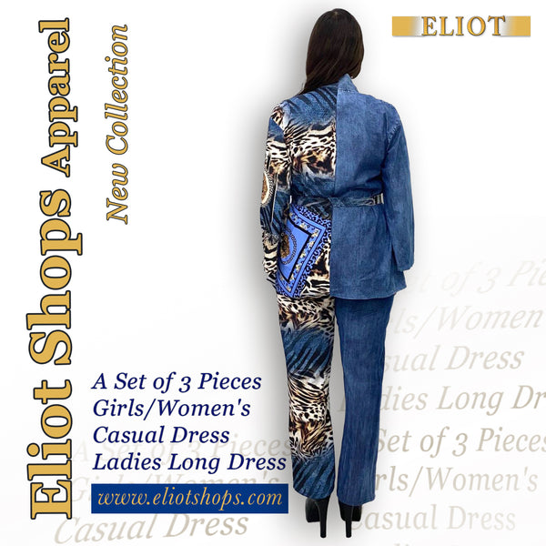 A Set of 3 Pieces Girls/Women's Casual Long-Sleeve Dress - Ladies Long Dress