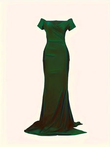 Elegant Off Shoulder Mermaid Hem Floor Length Evening Dress - Short Sleeve, Split Thigh, Party & Banquet Wear, Size: XL