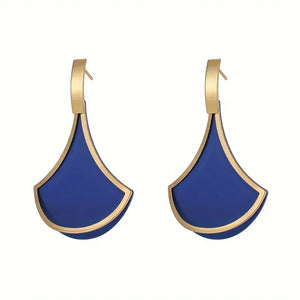 Elegant Enamel Fan-Shaped Hollow Drop Earrings, Blue & 14K Gold Plated Layered Color Block