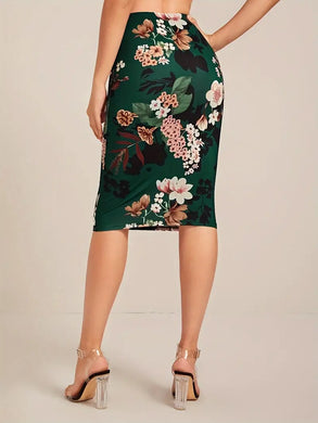 Floral Print High Waist Skirt, Vintage Body-con Skirt For Spring & Summer -Size: M