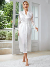 Load image into Gallery viewer, Elegant Contrast Lace Satin Night Robes, Hollow Out Long Sleeve Longline Robe With Belt, Size: S