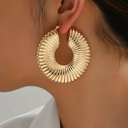 Stunning Golden Flower Pattern Hoop Earrings - Retro Classic Style Alloy Jewelry with Creative Design for Women