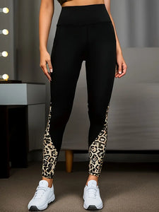 Yoga Sports Leopard Mesh Splicing Pockets Butt Lifting Waist Cropped Pants Trousers - Size: M