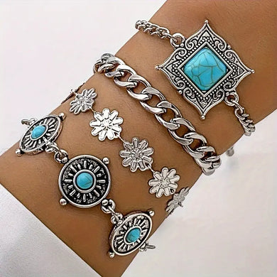 4-Piece Vintage Bohemian Turquoise Inlay Cuban Chain Bracelet Set - Exquisite Intricate Carvings, Versatile Fashion Accessory, Inspired Jewelry for Women