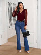 Load image into Gallery viewer, Scallop Trim V Neck Blouse, Casual Long Illusion Sleeve Blouse, Women&#39;s Clothing -Size: L