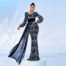 Load image into Gallery viewer, Long Sleeve Sexy Long Sequined V-neck Banquet Ribbon Evening Dress