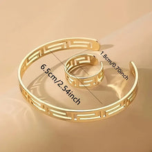 Load image into Gallery viewer, Adjustable Bangle &amp; Ring Minimalist Style Jewelry Set 18k Gold Plated Simple Hollow Geometry Design