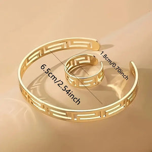 Adjustable Bangle & Ring Minimalist Style Jewelry Set 18k Gold Plated Simple Hollow Geometry Design