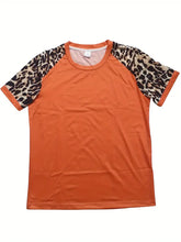 Load image into Gallery viewer, Leopard Print T-shirt, Casual Crew Neck Short Sleeve Top For Spring &amp; Summer- Size: L