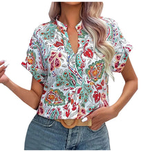 Load image into Gallery viewer, Women&#39;s Summer Floral Print Blouse Short Sleeve Notch V Neck Office Work Shirts - Size: S