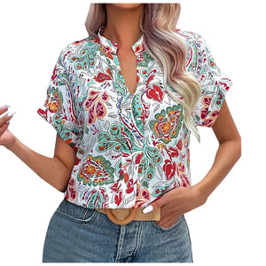 Women's Summer Floral Print Blouse Short Sleeve Notch V Neck Office Work Shirts - Size: S