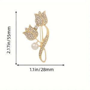 Elegant Tulip Pearl Brooch with Sparkling Diamond Simulants - White K Plated Alloy, Ideal Fashion Gift