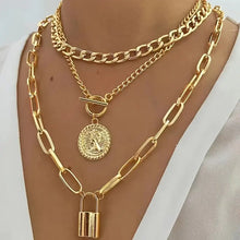 Load image into Gallery viewer, 3-Piece Set Layered Necklace, Women&#39;s Vintage &amp; Elegant Style, Gold Plated Embossed Round Pendant Necklace Set For Women