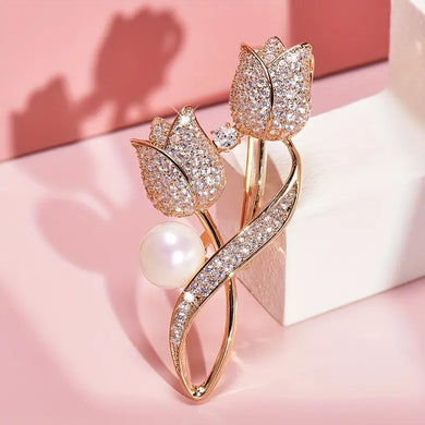 Elegant Tulip Pearl Brooch with Sparkling Diamond Simulants - White K Plated Alloy, Ideal Fashion Gift