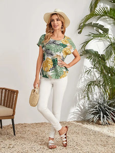 Leaf Print Crew Neck Blouse, Elegant Short Sleeve Blouse For Women -Size: S