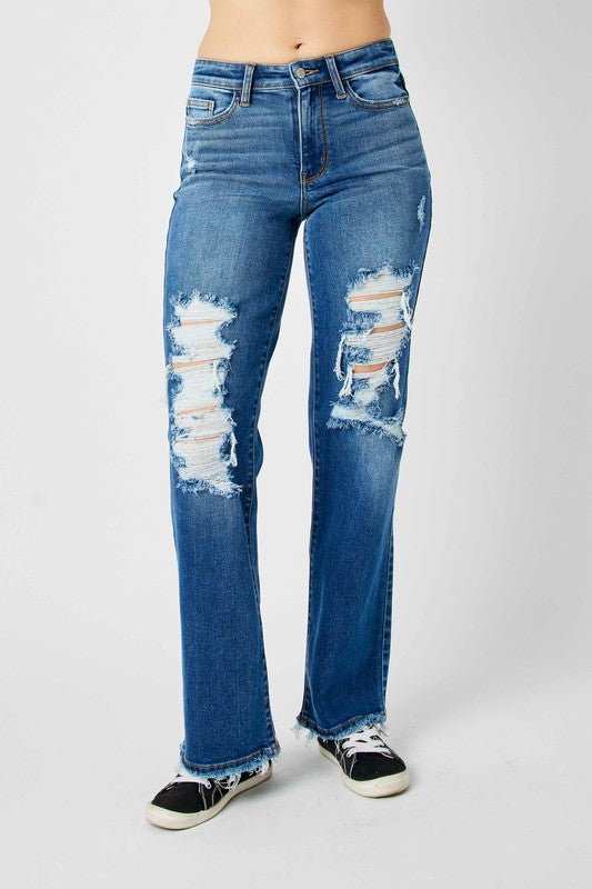 Full Size Mid Rise Distressed Raw Hem Jeans - #shop_name - Pants