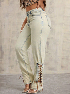 Lace - Up High Rise Jeans, Elegant Fashion Jeans for Women - #shop_name - Pants