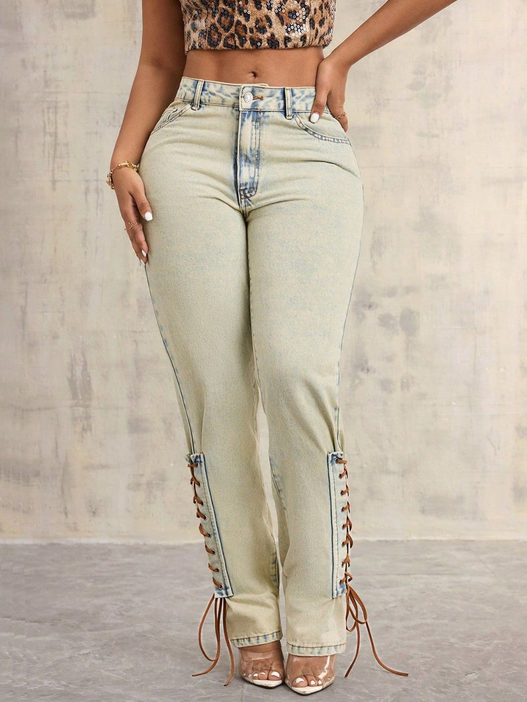 Lace - Up High Rise Jeans, Elegant Fashion Jeans for Women - #shop_name - Pants