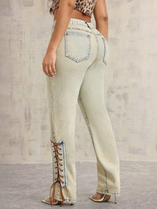 Lace - Up High Rise Jeans, Elegant Fashion Jeans for Women - #shop_name - Pants