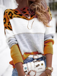 Leopard Color Block Round Neck Long Sleeve Sweater - #shop_name - women clothes