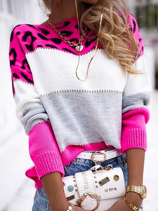 Leopard Color Block Round Neck Long Sleeve Sweater - #shop_name - women clothes