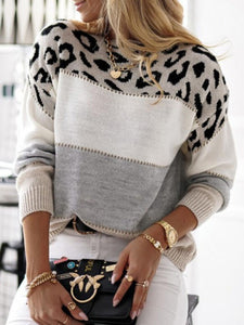 Leopard Color Block Round Neck Long Sleeve Sweater - #shop_name - women clothes