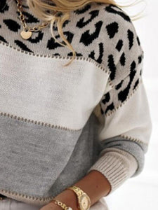 Leopard Color Block Round Neck Long Sleeve Sweater - #shop_name - women clothes