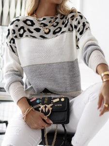 Leopard Color Block Round Neck Long Sleeve Sweater - #shop_name - women clothes