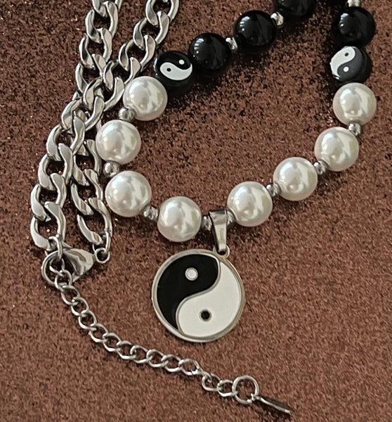 Very Unique Yin and Yang Necklace with Black and Pearl Beads and Pendant