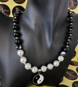 Very Unique Yin and Yang Necklace with Black and Pearl Beads and Pendant