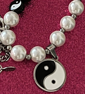 Very Unique Yin and Yang Necklace with Black and Pearl Beads and Pendant