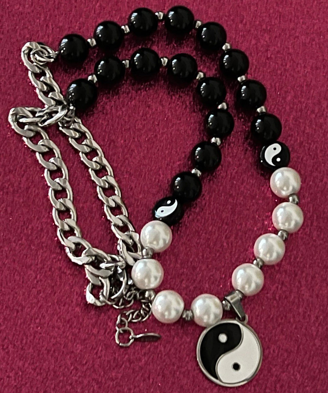 Very Unique Yin and Yang Necklace with Black and Pearl Beads and Pendant