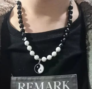 Very Unique Yin and Yang Necklace with Black and Pearl Beads and Pendant