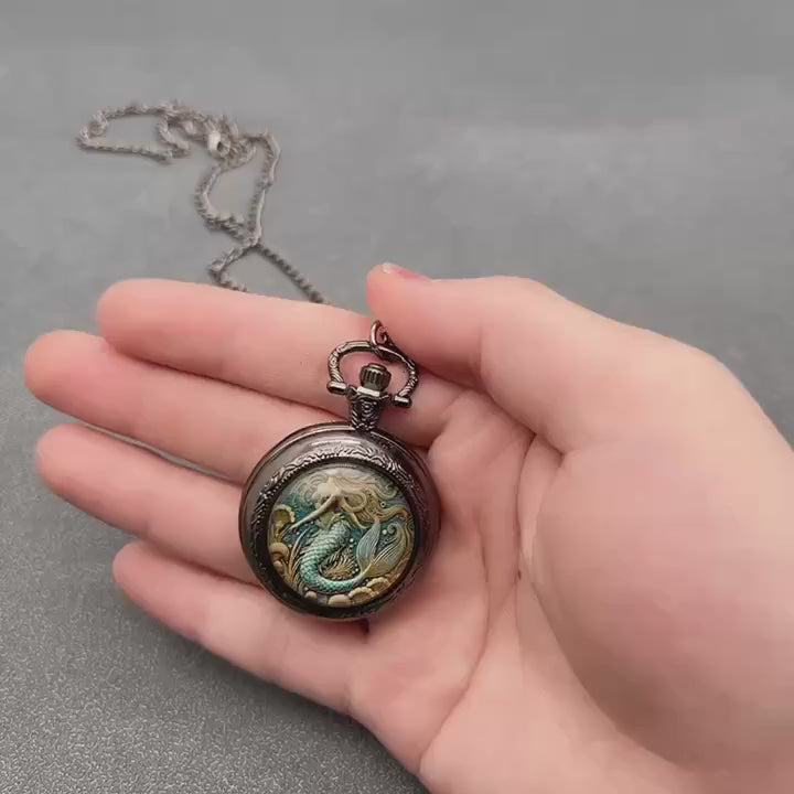 Vintage Mermaid Pattern Design Pocket Watch with Necklace Pendant - Precise Quartz Movement, Elegant Jewelry Gift for Men Women & Girls, Eliot Shops Los Angeles.