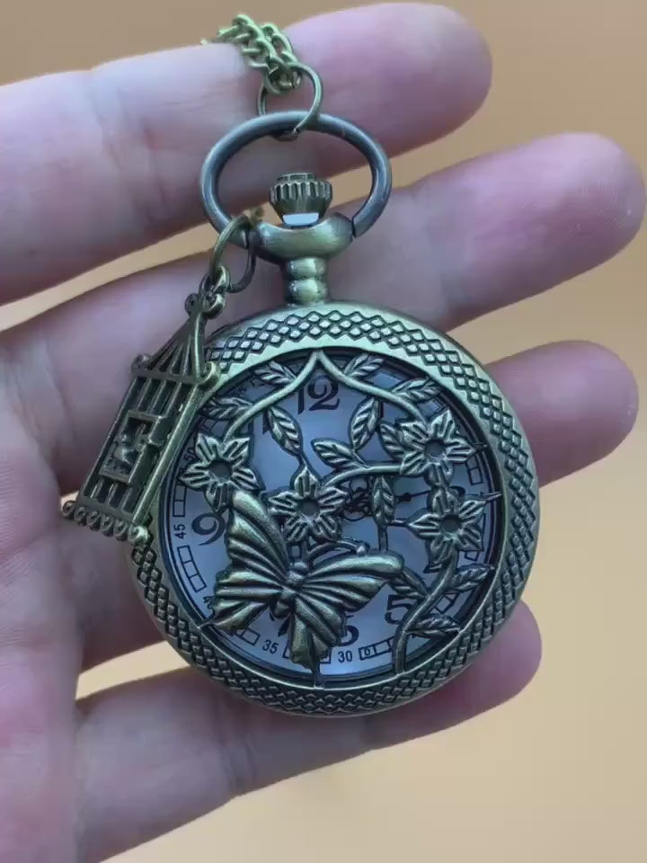 Vintage Unisex Bronze 3D Butterfly and Floral Carving Pocket Watch with Chain, Elegant Pendant World-Time Quartz Movement, Eliot Shops Los Angeles.