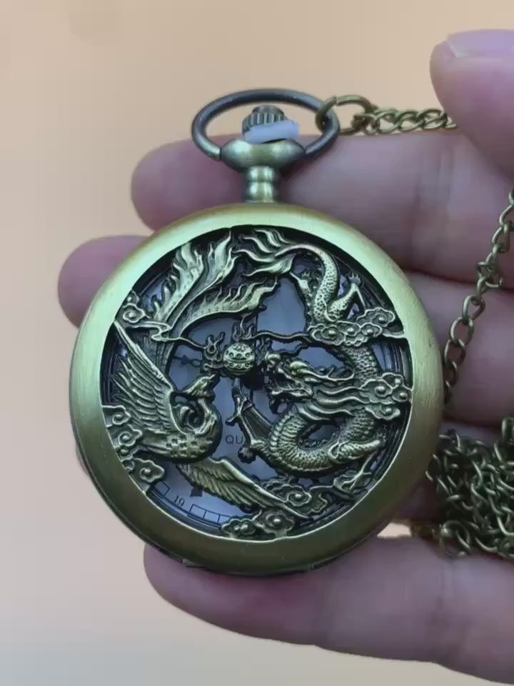 Vintage-Inspired Bronze Double Dragon Quartz Pocket Watch with World Time - Hollow Design, The Best Gift for Men, Eliot Shops.