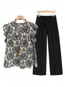 Printed Ruffled Cap Sleeve Top and Pants Set in 4 Beautiful Colors - #shop_name - women clothes