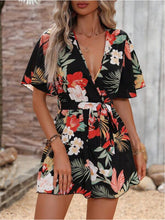 Load image into Gallery viewer, Printed Surplice Half Sleeve Tie Waist Romper, Floral Design, in 2 Colors - #shop_name - women clothes