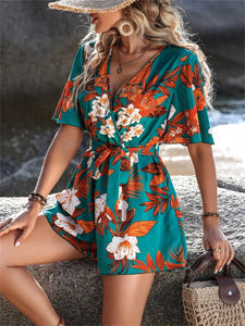 Printed Surplice Half Sleeve Tie Waist Romper, Floral Design, in 2 Colors - #shop_name - women clothes