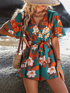 Printed Surplice Half Sleeve Tie Waist Romper, Floral Design, in 2 Colors - #shop_name - women clothes