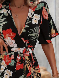 Printed Surplice Half Sleeve Tie Waist Romper, Floral Design, in 2 Colors - #shop_name - women clothes