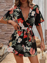 Load image into Gallery viewer, Printed Surplice Half Sleeve Tie Waist Romper, Floral Design, in 2 Colors - #shop_name - women clothes