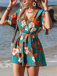 Printed Surplice Half Sleeve Tie Waist Romper, Floral Design, in 2 Colors - #shop_name - women clothes